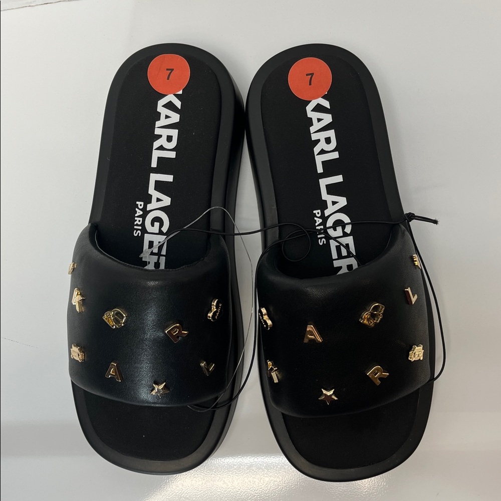 Karl Lagerfeld Black Sandals with Gold Accents - Picture 3 of 4